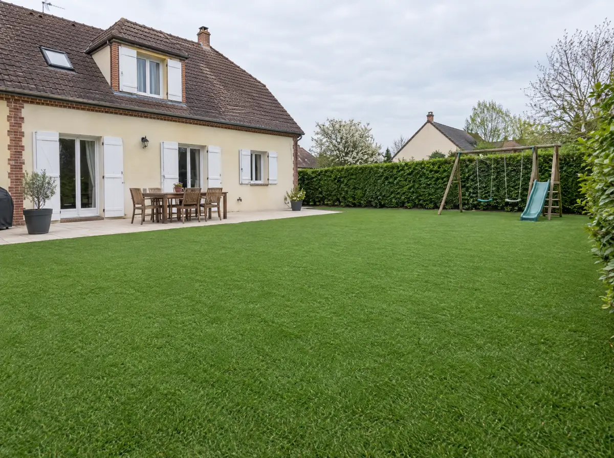 Jardin de pavillon près de Chartres entièrement recouvert de gazon synthétique, avec terrasse et balançoire