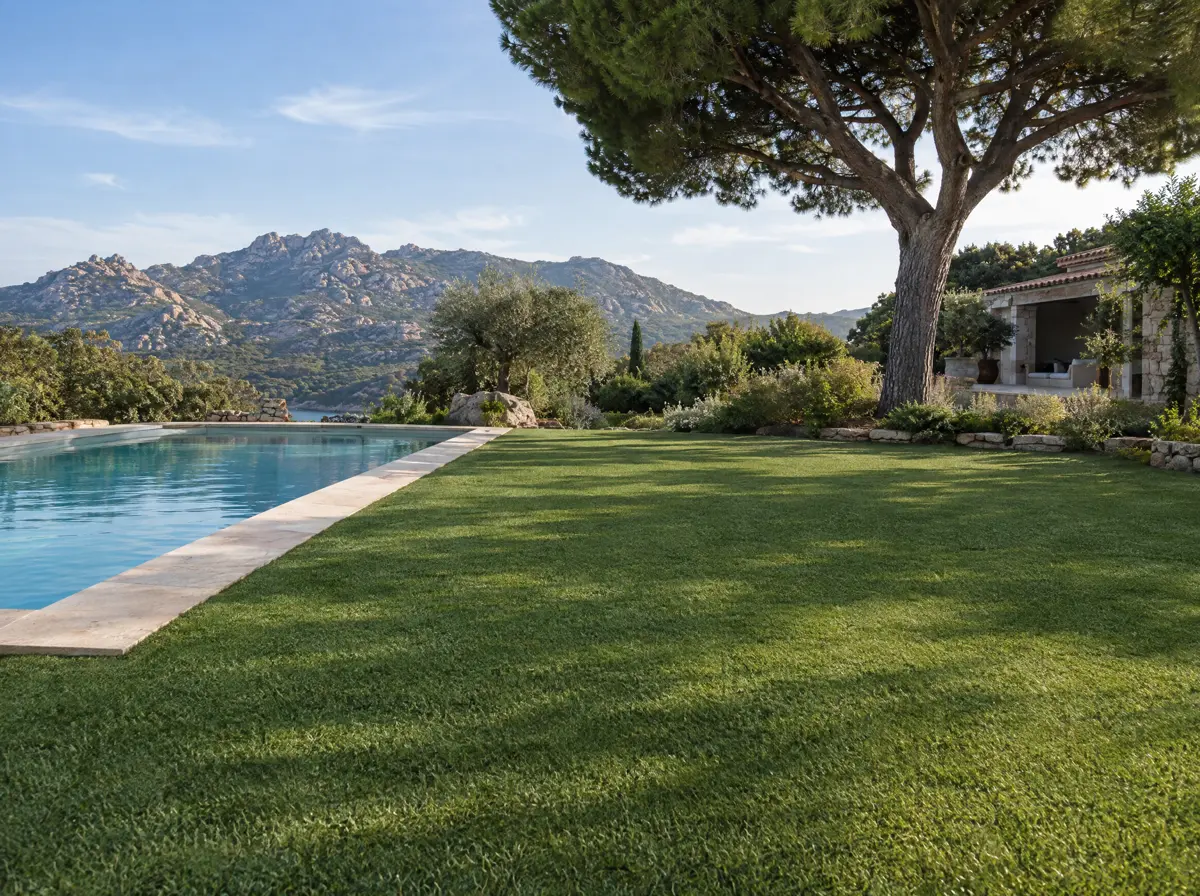 Pelouse en gazon synthétique au bord d’une piscine de villa en Corse, avec pin parasol et montagnes