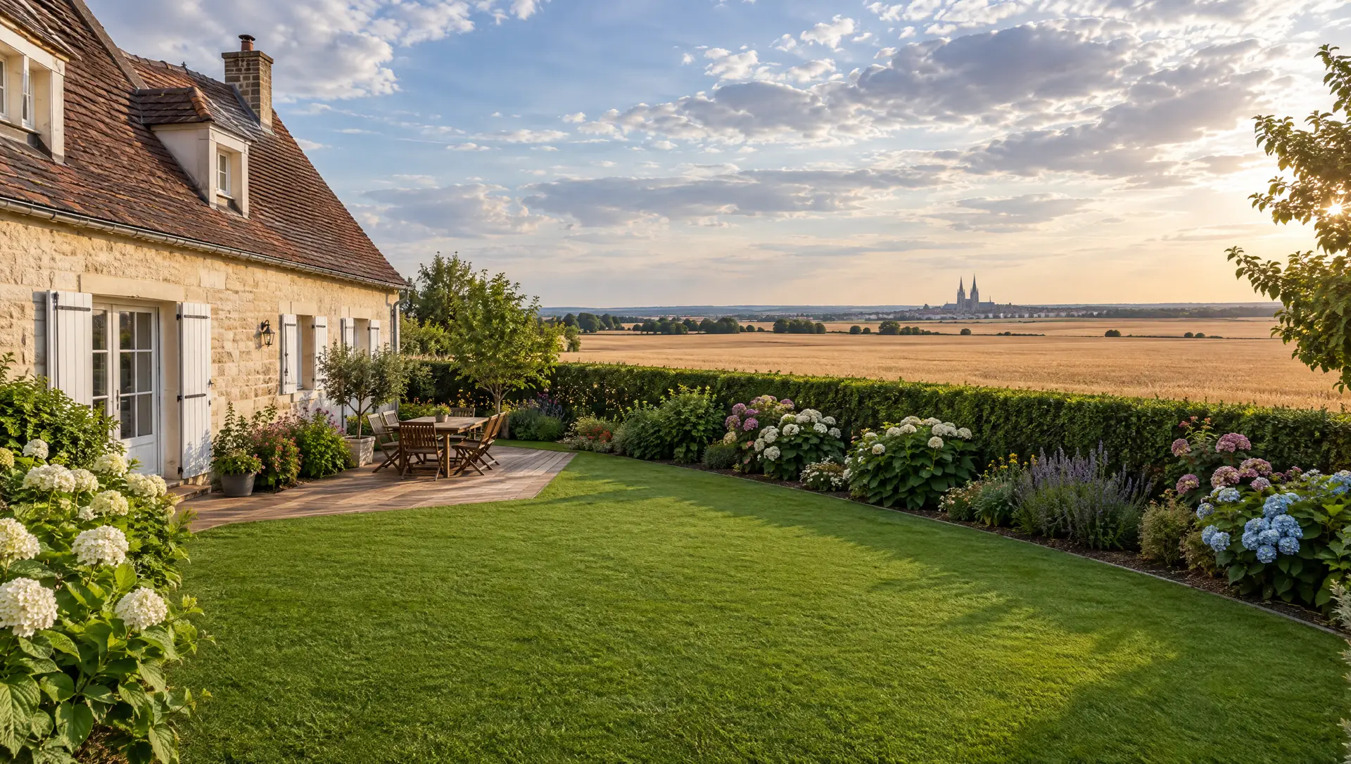 Jardin de maison beauceronne avec gazon synthétique face aux champs, cathédrale de Chartres à l'horizon