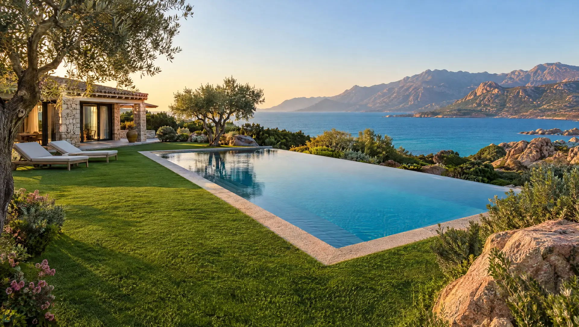 Villa en Corse avec piscine à débordement entourée de gazon synthétique, vue sur la mer et les montagnes